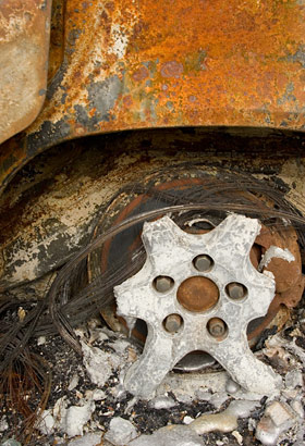Burnt out Volvo's alloy wheels